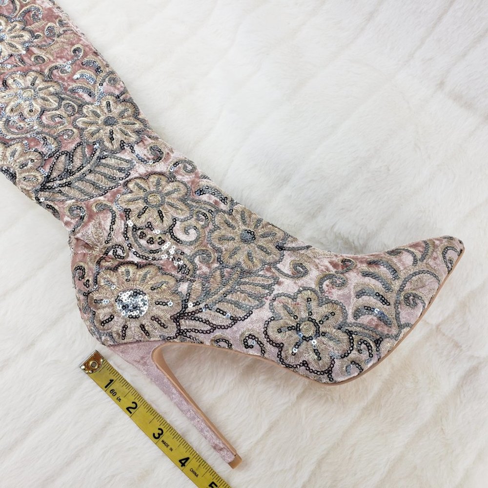 Pink Velvet Floral Embroidered Sequin OTK Boots - Picture 8 of 8